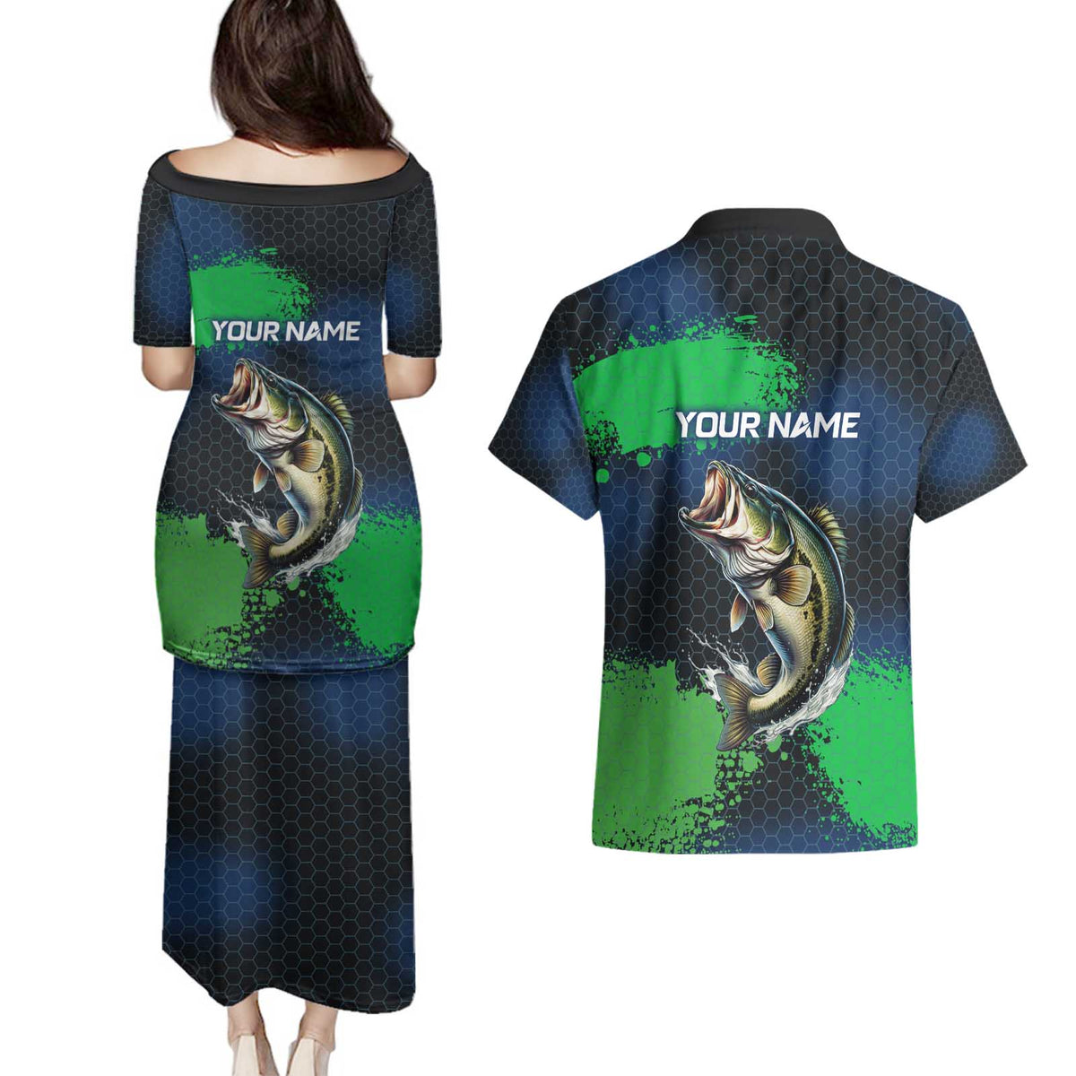 Personalized Bass Fishing Couples Matching Puletasi and Hawaiian Shirt with Jumping Fish – Green and Black Angler Design - Wonder Print Shop