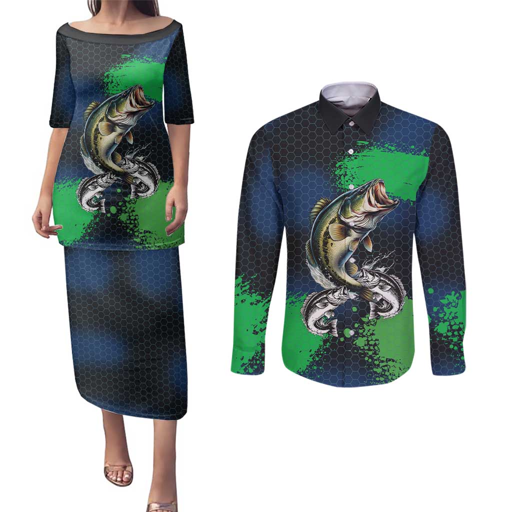 Personalized Bass Fishing Couples Matching Puletasi and Long Sleeve Button Shirt with Jumping Fish – Green and Black Angler Design - Wonder Print Shop