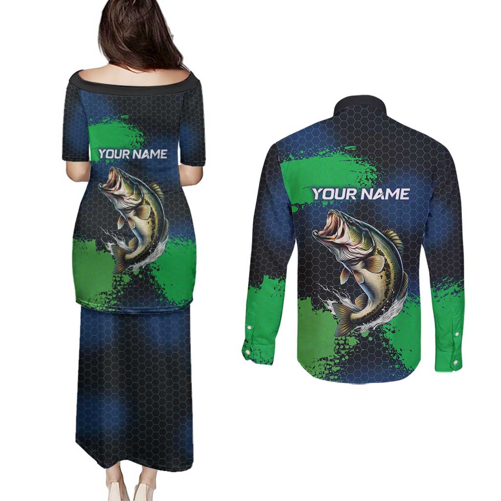 Personalized Bass Fishing Couples Matching Puletasi and Long Sleeve Button Shirt with Jumping Fish – Green and Black Angler Design - Wonder Print Shop