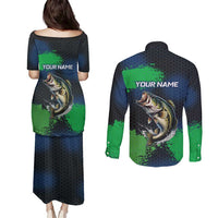 Personalized Bass Fishing Couples Matching Puletasi and Long Sleeve Button Shirt with Jumping Fish – Green and Black Angler Design - Wonder Print Shop