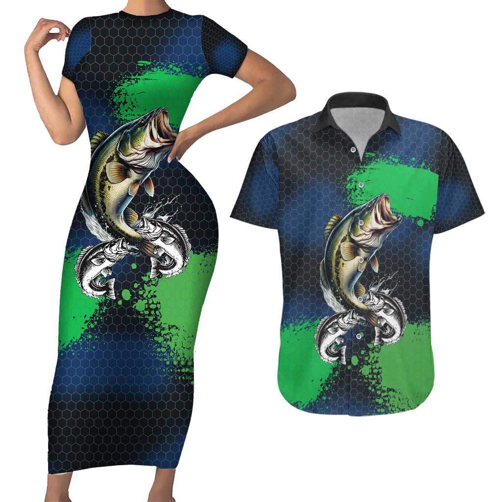 Personalized Bass Fishing Couples Matching Short Sleeve Bodycon Dress and Hawaiian Shirt with Jumping Fish – Green and Black Angler Design - Wonder Print Shop
