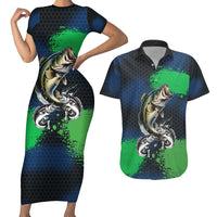 Personalized Bass Fishing Couples Matching Short Sleeve Bodycon Dress and Hawaiian Shirt with Jumping Fish – Green and Black Angler Design - Wonder Print Shop