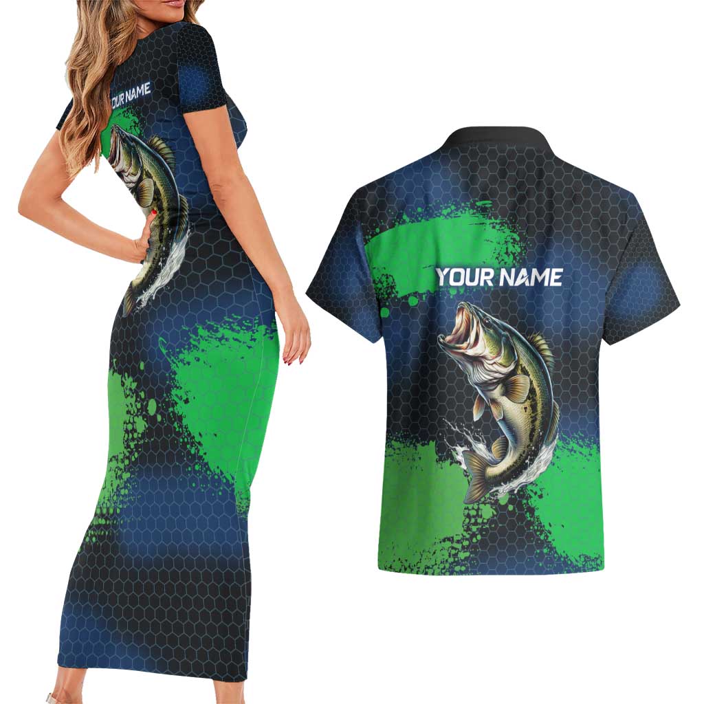 Personalized Bass Fishing Couples Matching Short Sleeve Bodycon Dress and Hawaiian Shirt with Jumping Fish – Green and Black Angler Design - Wonder Print Shop