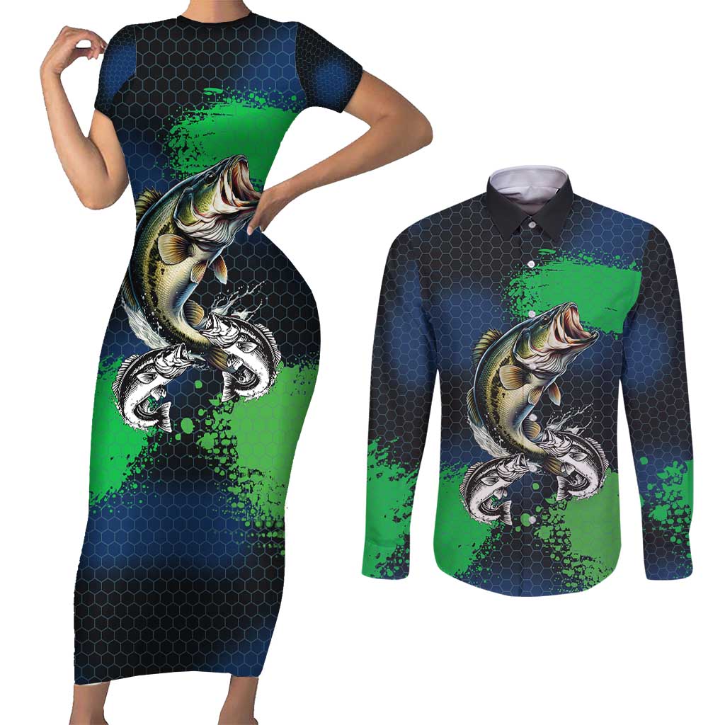Personalized Bass Fishing Couples Matching Short Sleeve Bodycon Dress and Long Sleeve Button Shirt with Jumping Fish – Green and Black Angler Design - Wonder Print Shop