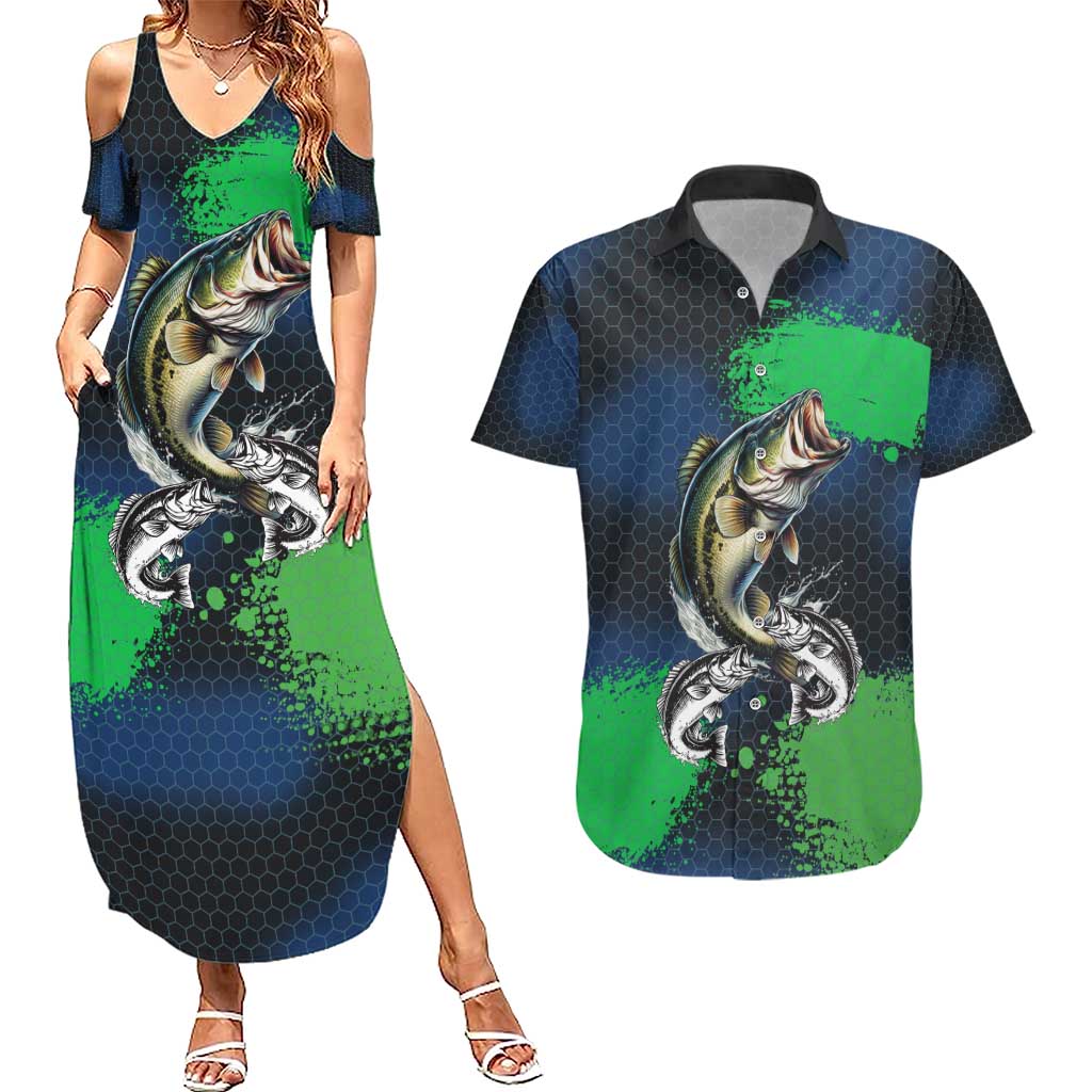 Personalized Bass Fishing Couples Matching Summer Maxi Dress and Hawaiian Shirt with Jumping Fish – Green and Black Angler Design - Wonder Print Shop