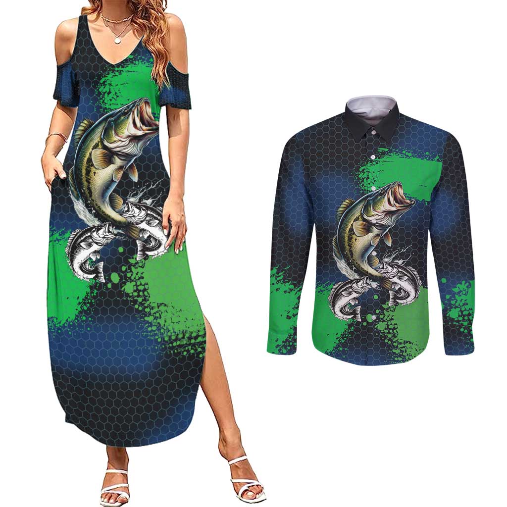 Personalized Bass Fishing Couples Matching Summer Maxi Dress and Long Sleeve Button Shirt with Jumping Fish – Green and Black Angler Design - Wonder Print Shop