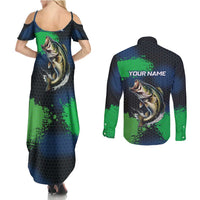 Personalized Bass Fishing Couples Matching Summer Maxi Dress and Long Sleeve Button Shirt with Jumping Fish – Green and Black Angler Design - Wonder Print Shop