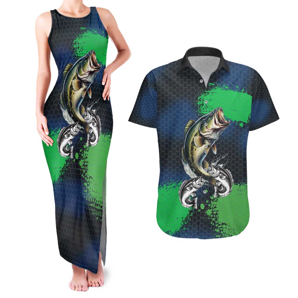 Personalized Bass Fishing Couples Matching Tank Maxi Dress and Hawaiian Shirt with Jumping Fish – Green and Black Angler Design - Wonder Print Shop