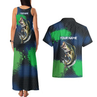 Personalized Bass Fishing Couples Matching Tank Maxi Dress and Hawaiian Shirt with Jumping Fish – Green and Black Angler Design - Wonder Print Shop