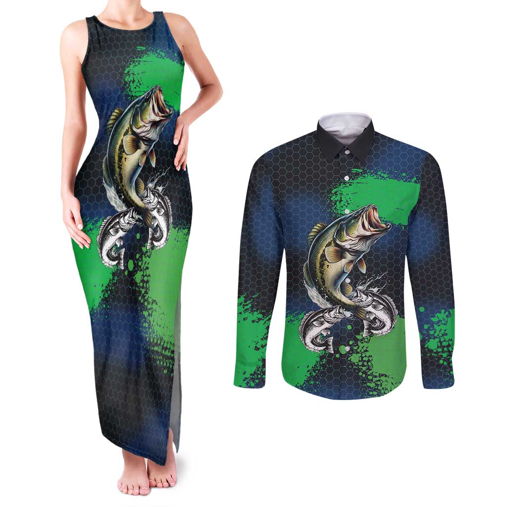 Personalized Bass Fishing Couples Matching Tank Maxi Dress and Long Sleeve Button Shirt with Jumping Fish – Green and Black Angler Design - Wonder Print Shop
