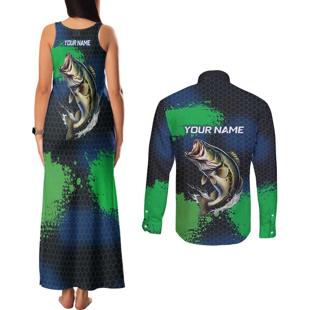 Personalized Bass Fishing Couples Matching Tank Maxi Dress and Long Sleeve Button Shirt with Jumping Fish – Green and Black Angler Design - Wonder Print Shop