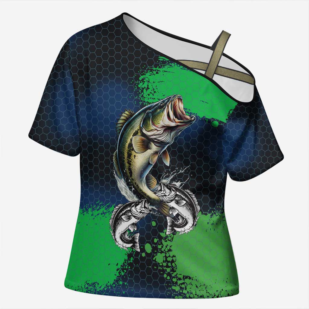 Personalized Bass Fishing Cross Shoulder Shirt with Jumping Fish – Green and Black Angler Design - Wonder Print Shop