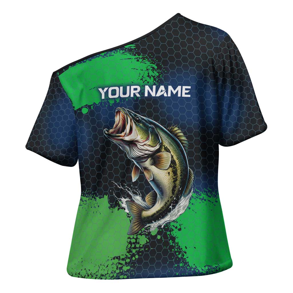 Personalized Bass Fishing Cross Shoulder Shirt with Jumping Fish – Green and Black Angler Design - Wonder Print Shop