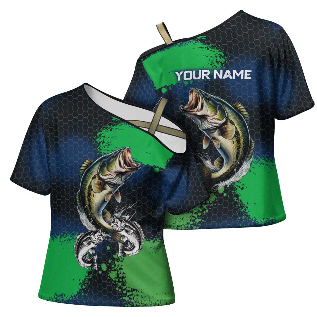 Personalized Bass Fishing Cross Shoulder Shirt with Jumping Fish – Green and Black Angler Design - Wonder Print Shop