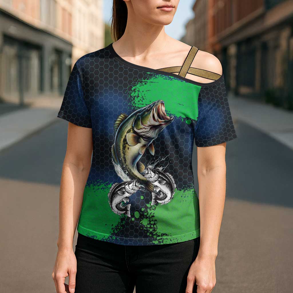 Personalized Bass Fishing Cross Shoulder Shirt with Jumping Fish – Green and Black Angler Design - Wonder Print Shop