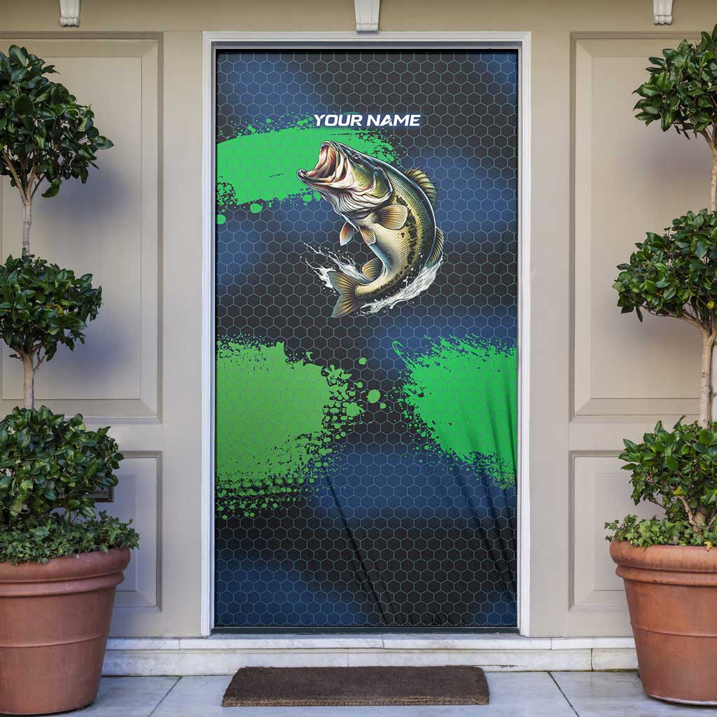Personalized Bass Fishing Door Cover with Jumping Fish – Green and Black Angler Design - Wonder Print Shop
