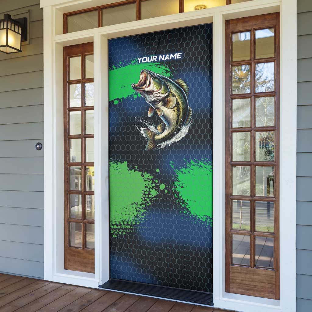 Personalized Bass Fishing Door Cover with Jumping Fish – Green and Black Angler Design - Wonder Print Shop