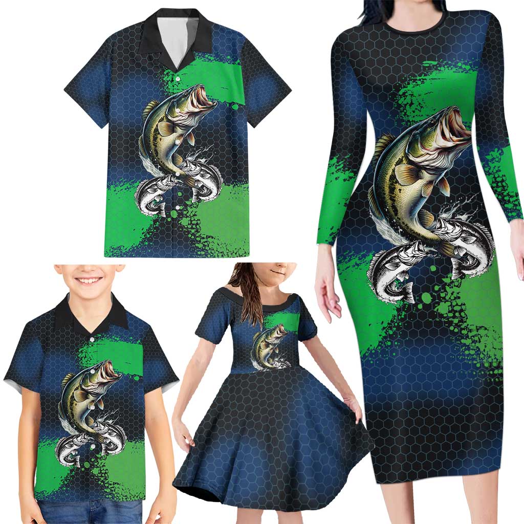 Personalized Bass Fishing Family Matching Long Sleeve Bodycon Dress and Hawaiian Shirt with Jumping Fish – Green and Black Angler Design - Wonder Print Shop