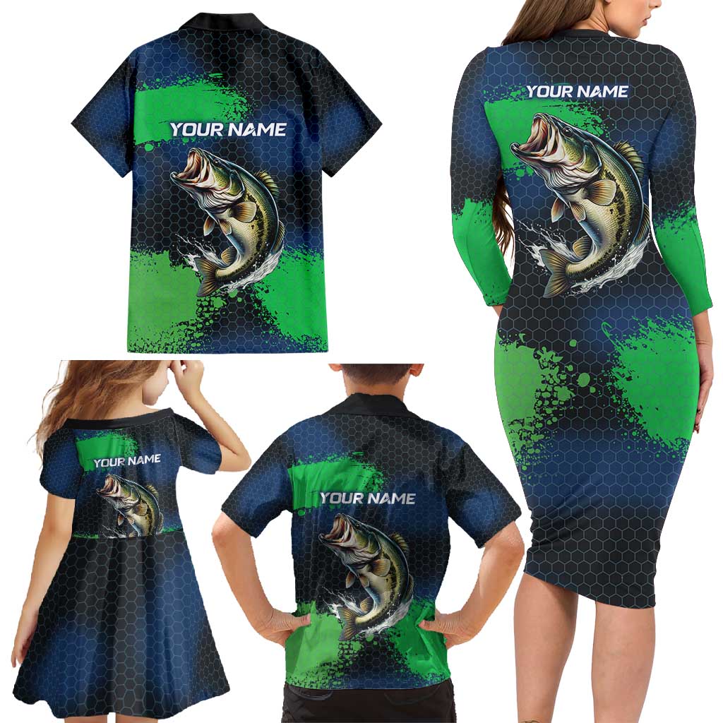 Personalized Bass Fishing Family Matching Long Sleeve Bodycon Dress and Hawaiian Shirt with Jumping Fish – Green and Black Angler Design - Wonder Print Shop