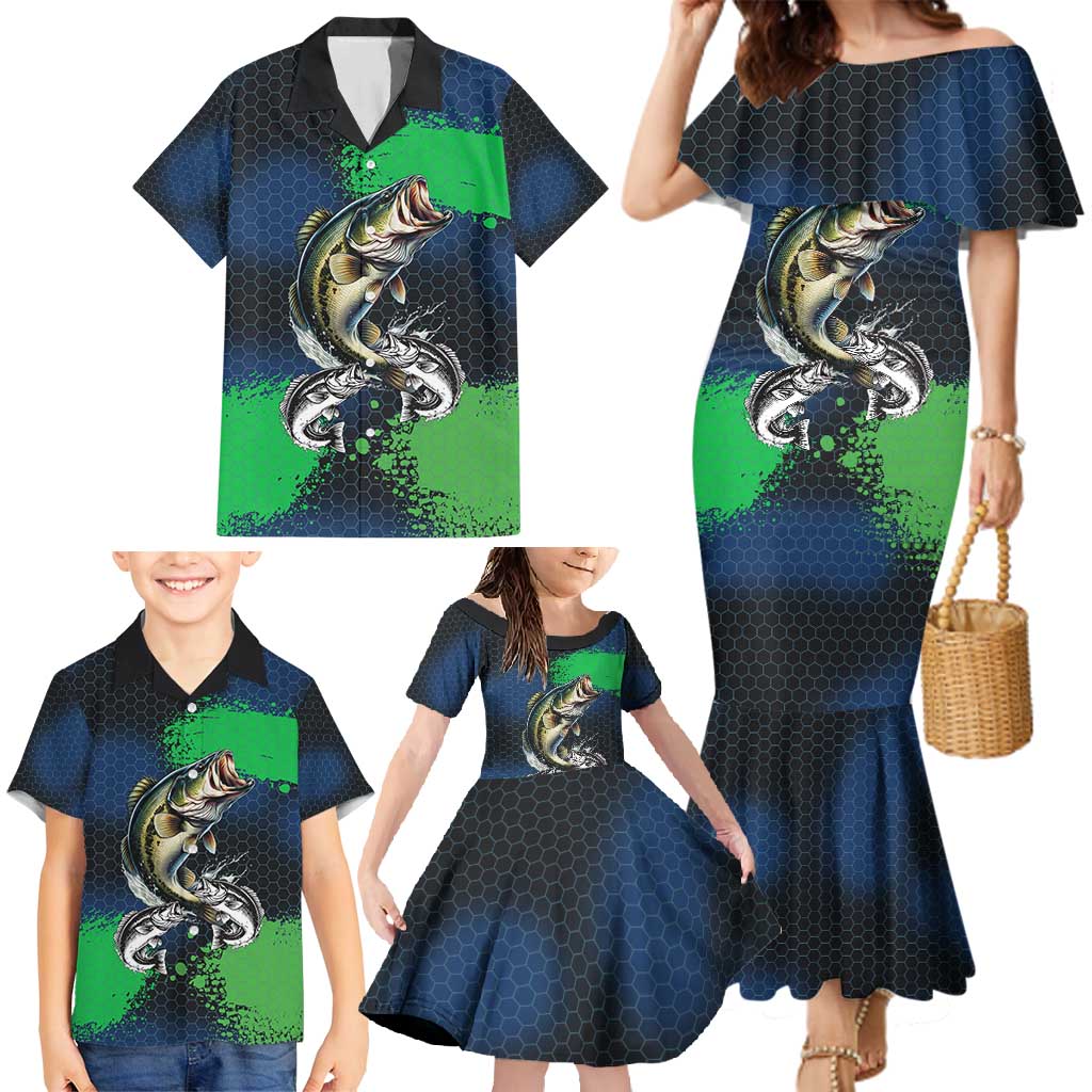 Personalized Bass Fishing Family Matching Mermaid Dress and Hawaiian Shirt with Jumping Fish – Green and Black Angler Design - Wonder Print Shop