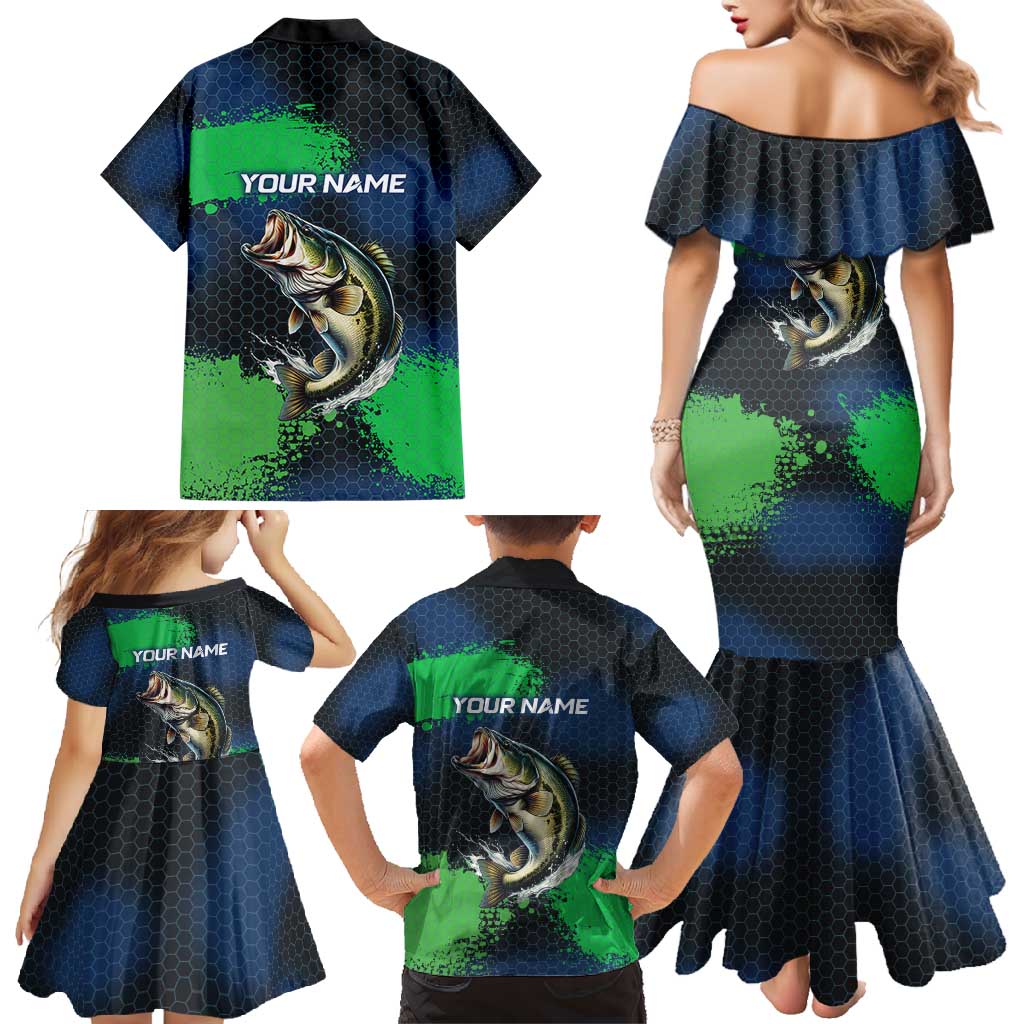 Personalized Bass Fishing Family Matching Mermaid Dress and Hawaiian Shirt with Jumping Fish – Green and Black Angler Design - Wonder Print Shop