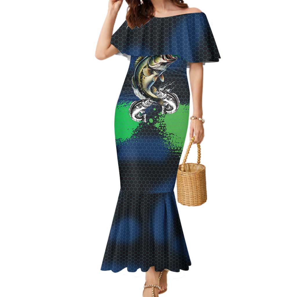 Personalized Bass Fishing Family Matching Mermaid Dress and Hawaiian Shirt with Jumping Fish – Green and Black Angler Design - Wonder Print Shop
