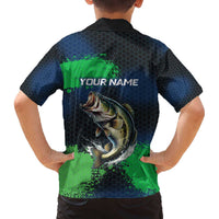 Personalized Bass Fishing Family Matching Off The Shoulder Long Sleeve Dress and Hawaiian Shirt with Jumping Fish – Green and Black Angler Design - Wonder Print Shop