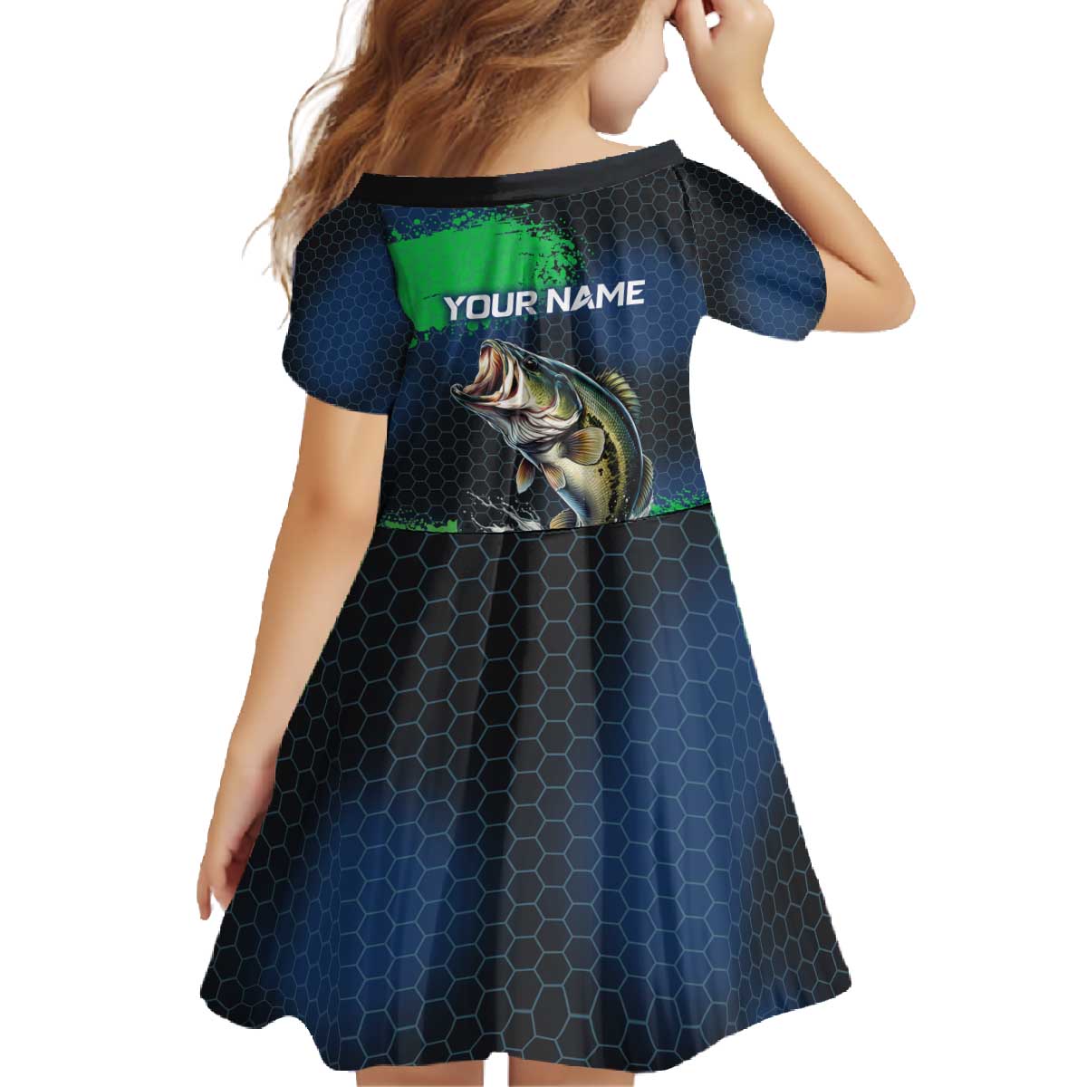 Personalized Bass Fishing Family Matching Off The Shoulder Long Sleeve Dress and Hawaiian Shirt with Jumping Fish – Green and Black Angler Design - Wonder Print Shop