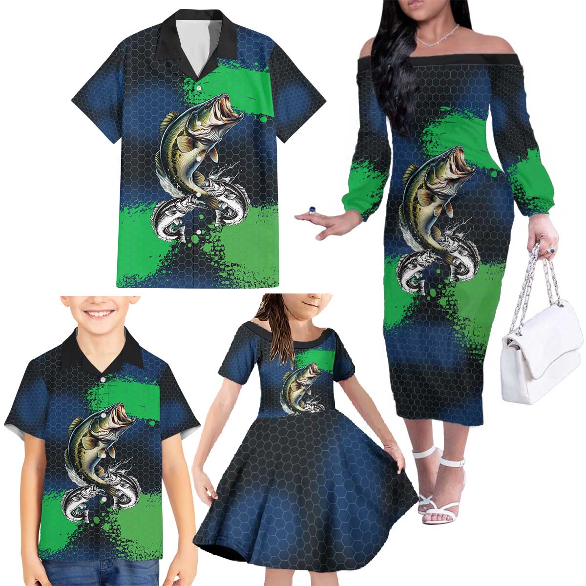 Personalized Bass Fishing Family Matching Off The Shoulder Long Sleeve Dress and Hawaiian Shirt with Jumping Fish – Green and Black Angler Design - Wonder Print Shop