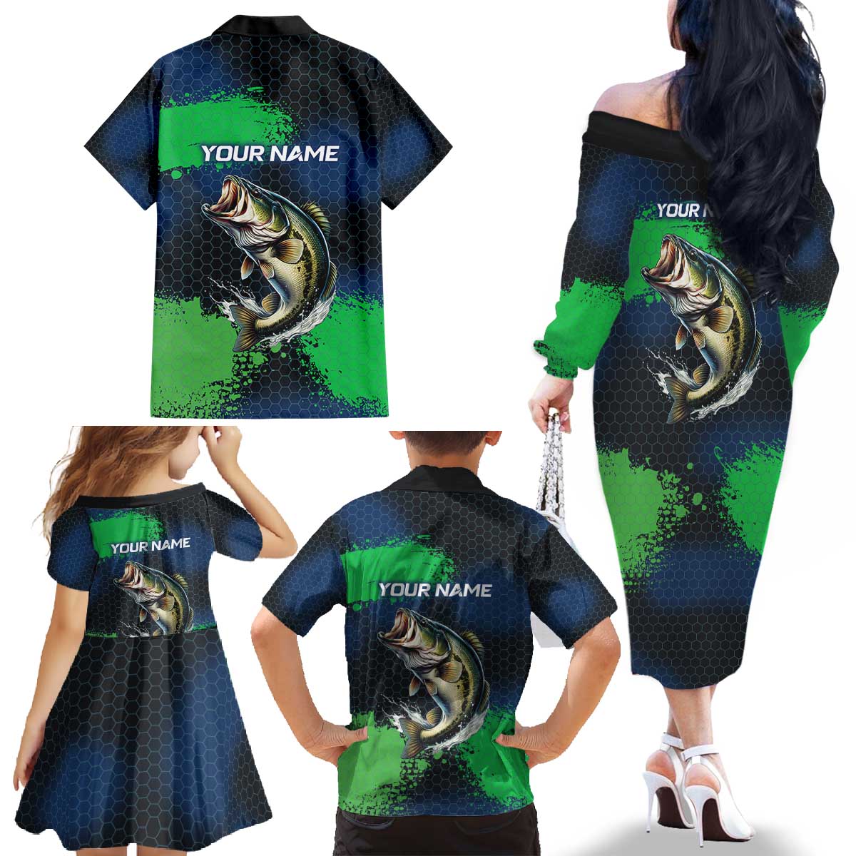 Personalized Bass Fishing Family Matching Off The Shoulder Long Sleeve Dress and Hawaiian Shirt with Jumping Fish – Green and Black Angler Design - Wonder Print Shop