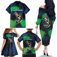 Personalized Bass Fishing Family Matching Off The Shoulder Long Sleeve Dress and Hawaiian Shirt with Jumping Fish – Green and Black Angler Design - Wonder Print Shop