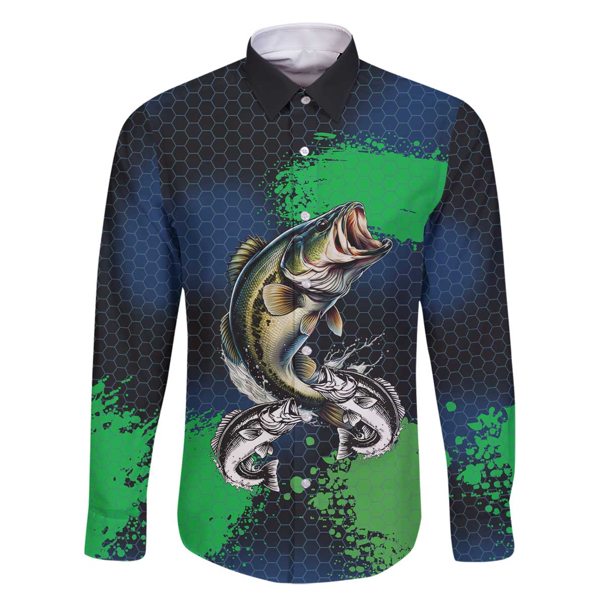 Personalized Bass Fishing Family Matching Off The Shoulder Long Sleeve Dress and Hawaiian Shirt with Jumping Fish – Green and Black Angler Design - Wonder Print Shop