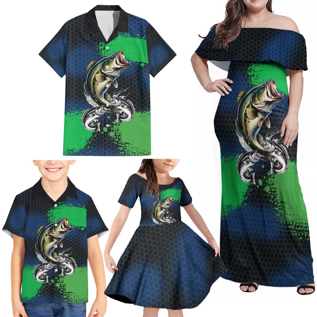 Personalized Bass Fishing Family Matching Off Shoulder Maxi Dress and Hawaiian Shirt with Jumping Fish – Green and Black Angler Design - Wonder Print Shop