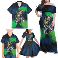 Personalized Bass Fishing Family Matching Off Shoulder Maxi Dress and Hawaiian Shirt with Jumping Fish – Green and Black Angler Design - Wonder Print Shop