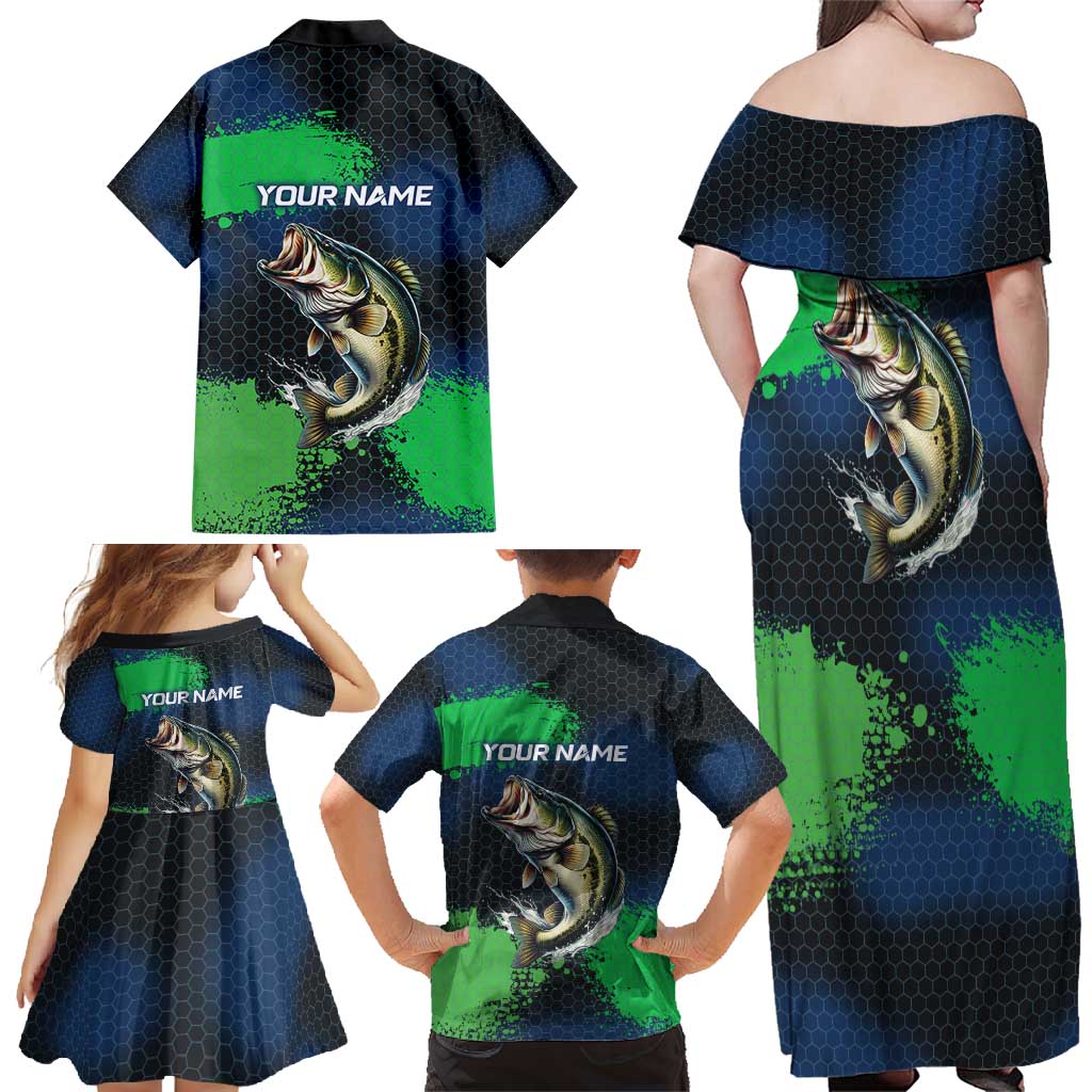 Personalized Bass Fishing Family Matching Off Shoulder Maxi Dress and Hawaiian Shirt with Jumping Fish – Green and Black Angler Design - Wonder Print Shop
