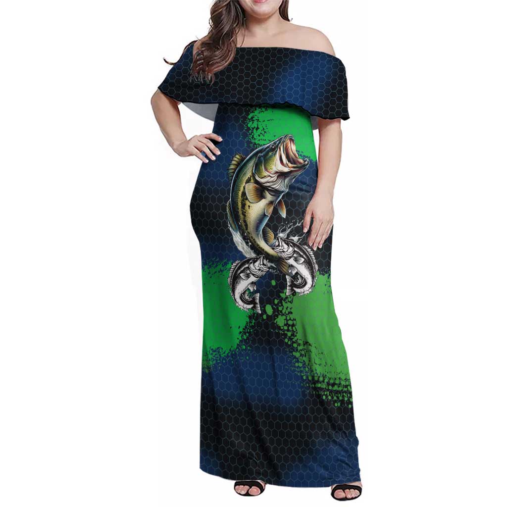 Personalized Bass Fishing Family Matching Off Shoulder Maxi Dress and Hawaiian Shirt with Jumping Fish – Green and Black Angler Design - Wonder Print Shop