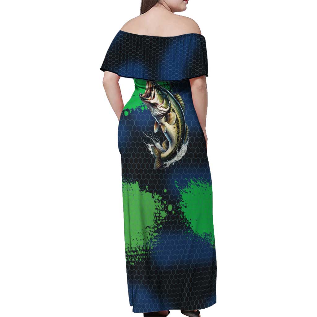 Personalized Bass Fishing Family Matching Off Shoulder Maxi Dress and Hawaiian Shirt with Jumping Fish – Green and Black Angler Design - Wonder Print Shop
