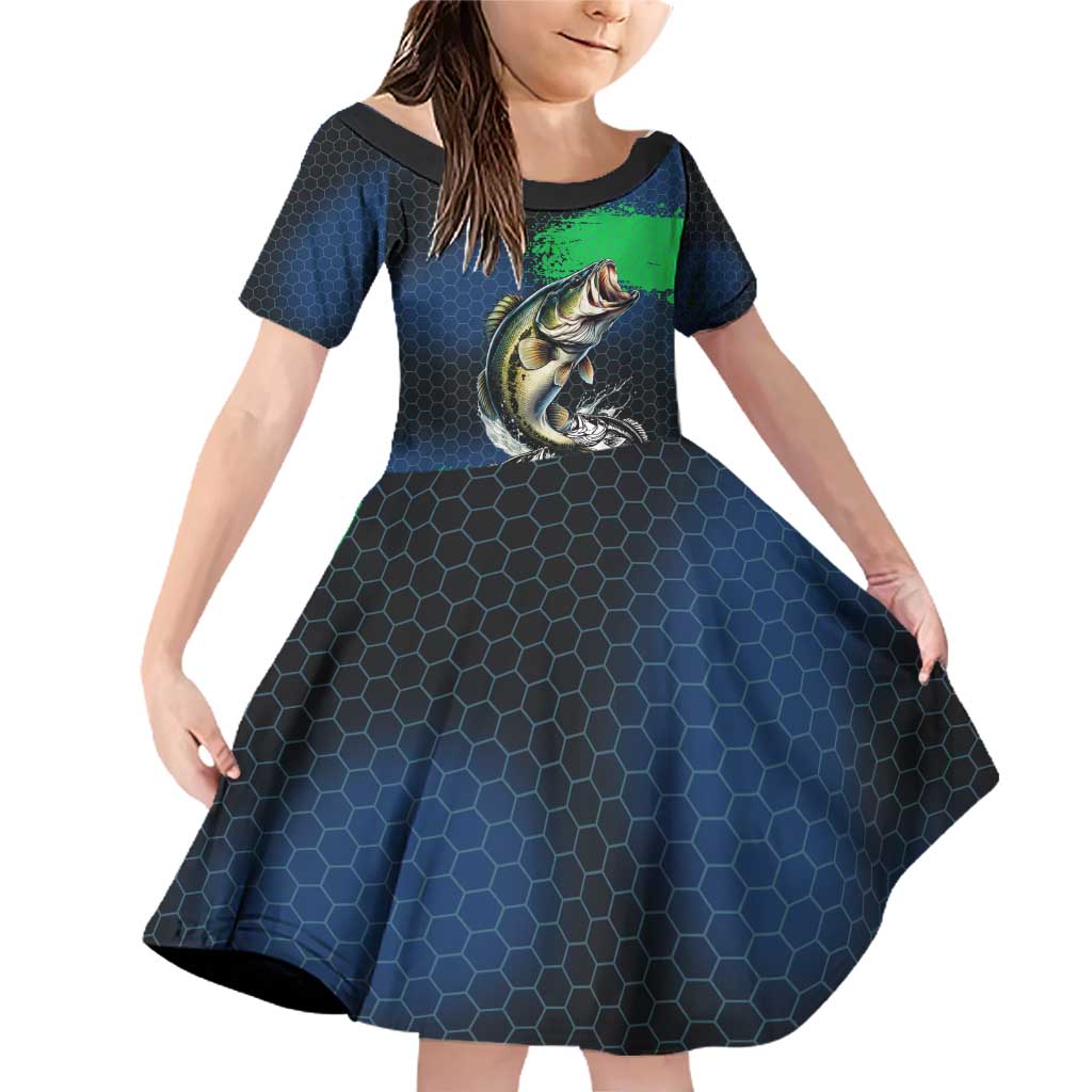Personalized Bass Fishing Family Matching Off Shoulder Short Dress and Hawaiian Shirt with Jumping Fish – Green and Black Angler Design - Wonder Print Shop