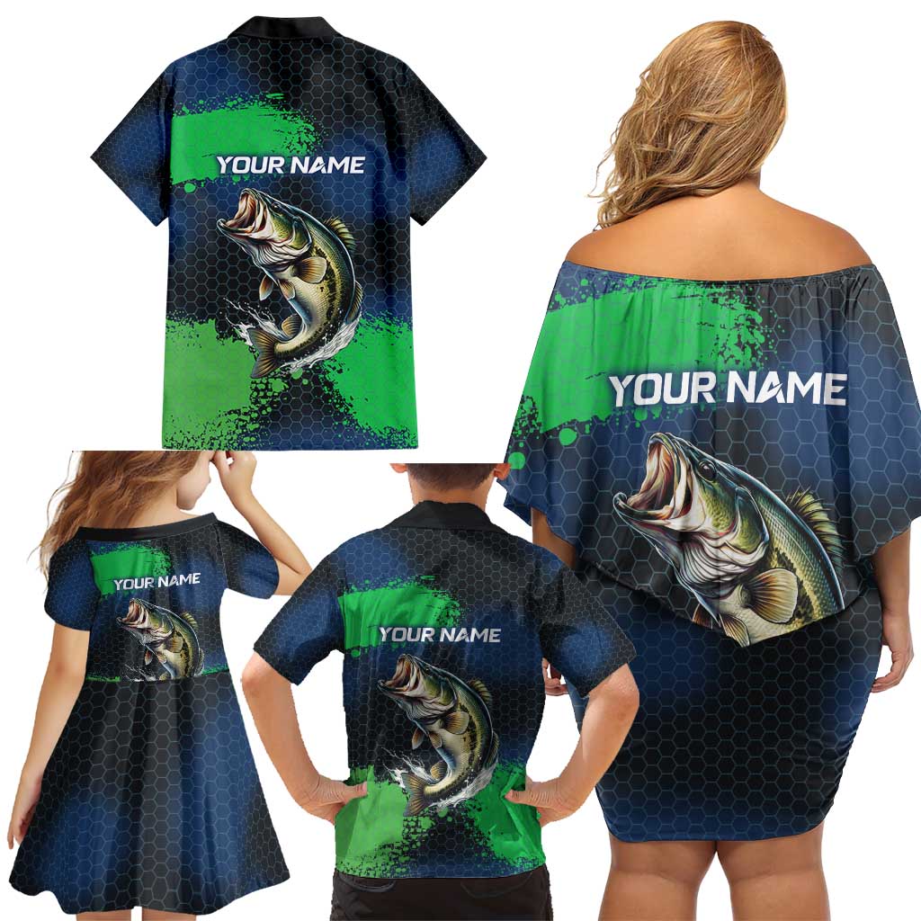 Personalized Bass Fishing Family Matching Off Shoulder Short Dress and Hawaiian Shirt with Jumping Fish – Green and Black Angler Design - Wonder Print Shop