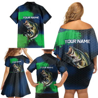Personalized Bass Fishing Family Matching Off Shoulder Short Dress and Hawaiian Shirt with Jumping Fish – Green and Black Angler Design - Wonder Print Shop