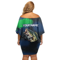 Personalized Bass Fishing Family Matching Off Shoulder Short Dress and Hawaiian Shirt with Jumping Fish – Green and Black Angler Design - Wonder Print Shop