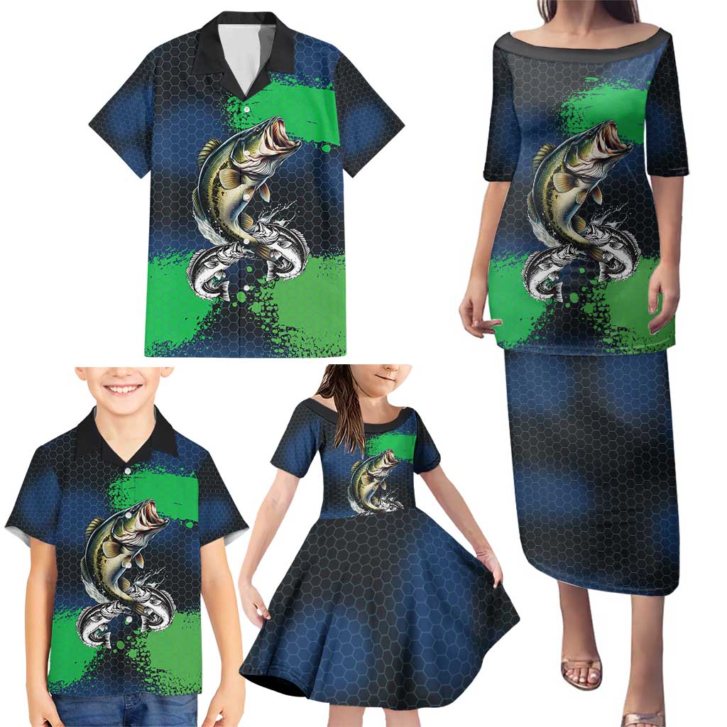 Personalized Bass Fishing Family Matching Puletasi and Hawaiian Shirt with Jumping Fish – Green and Black Angler Design - Wonder Print Shop