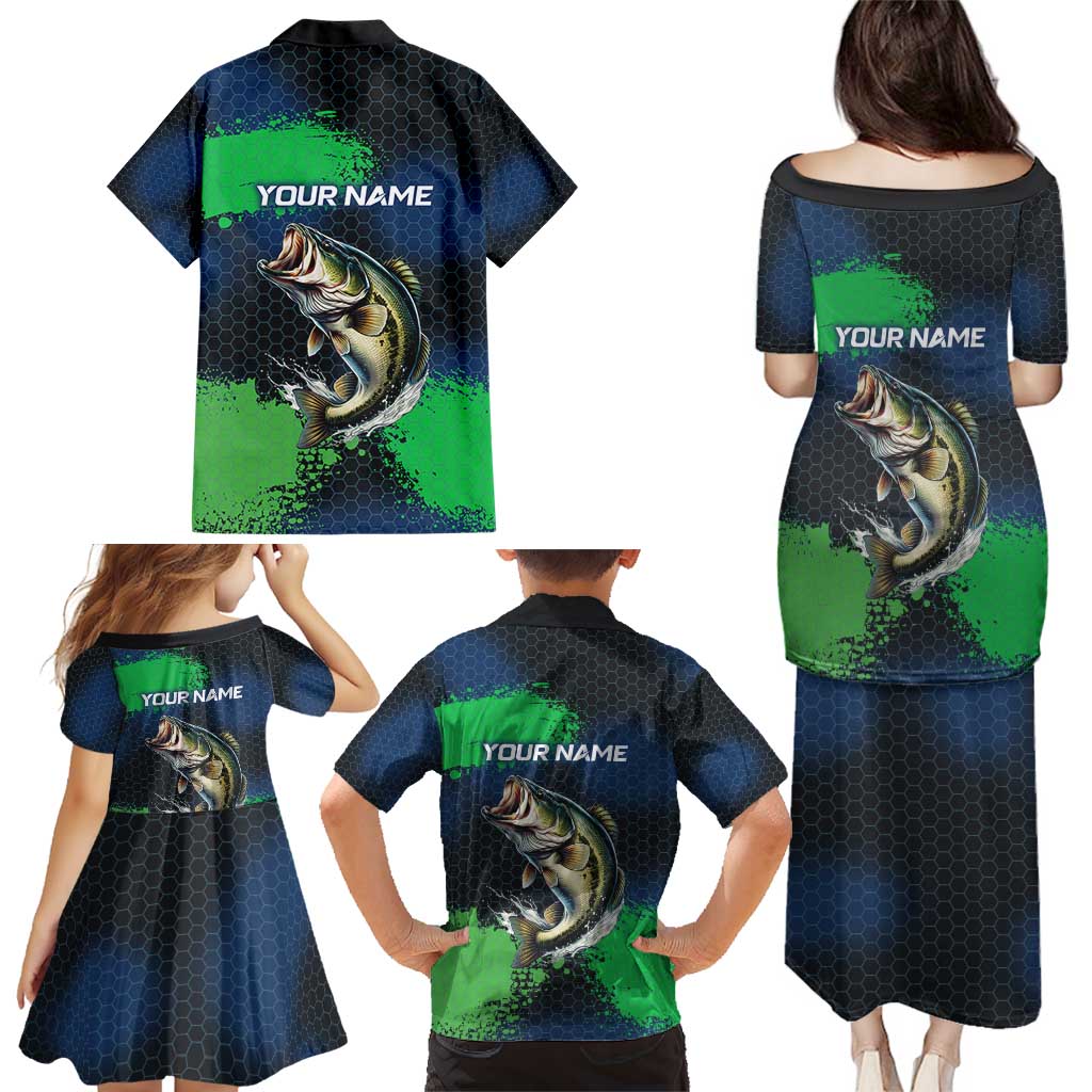Personalized Bass Fishing Family Matching Puletasi and Hawaiian Shirt with Jumping Fish – Green and Black Angler Design - Wonder Print Shop