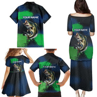 Personalized Bass Fishing Family Matching Puletasi and Hawaiian Shirt with Jumping Fish – Green and Black Angler Design - Wonder Print Shop