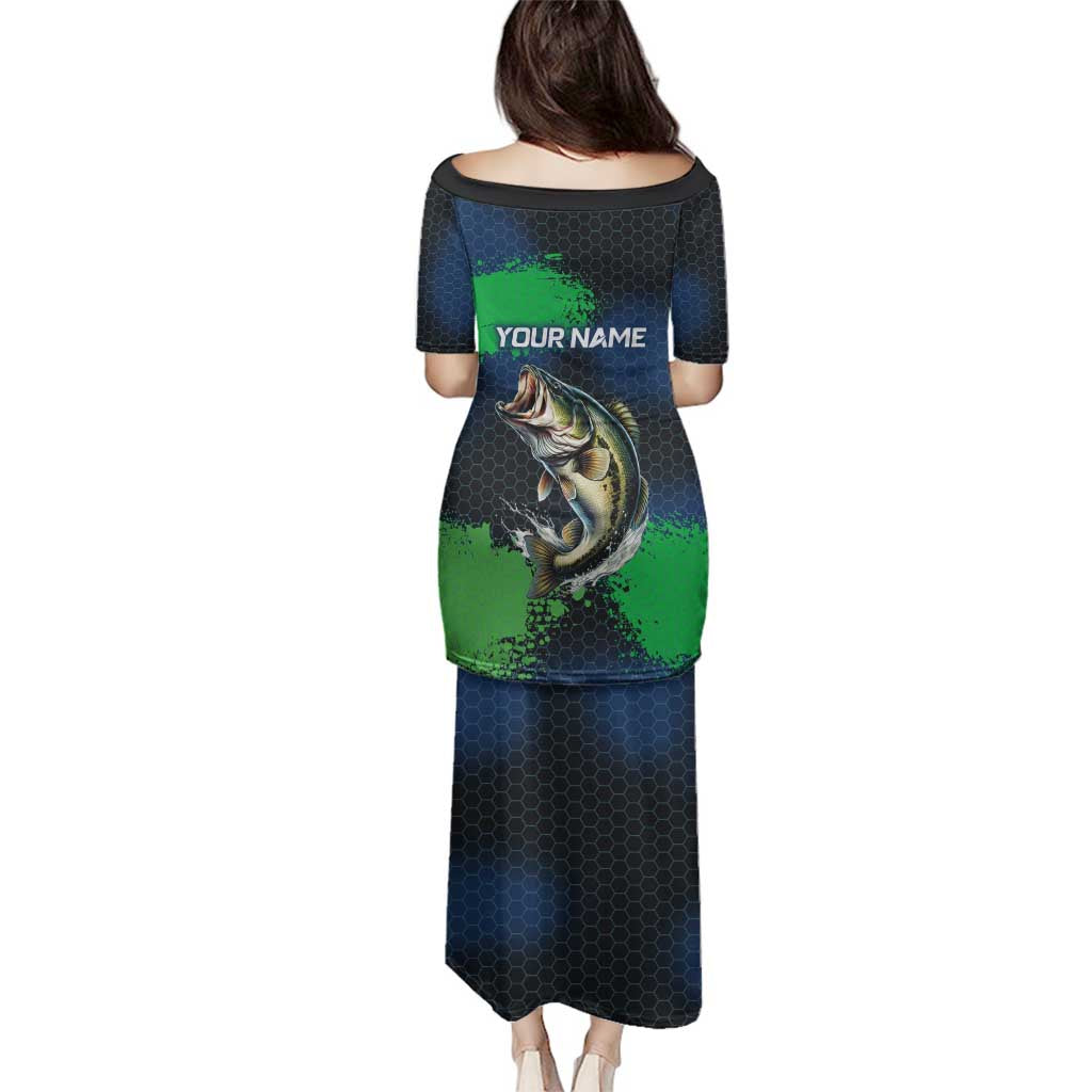 Personalized Bass Fishing Family Matching Puletasi and Hawaiian Shirt with Jumping Fish – Green and Black Angler Design - Wonder Print Shop