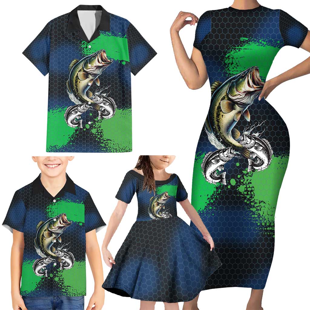 Personalized Bass Fishing Family Matching Short Sleeve Bodycon Dress and Hawaiian Shirt with Jumping Fish – Green and Black Angler Design - Wonder Print Shop