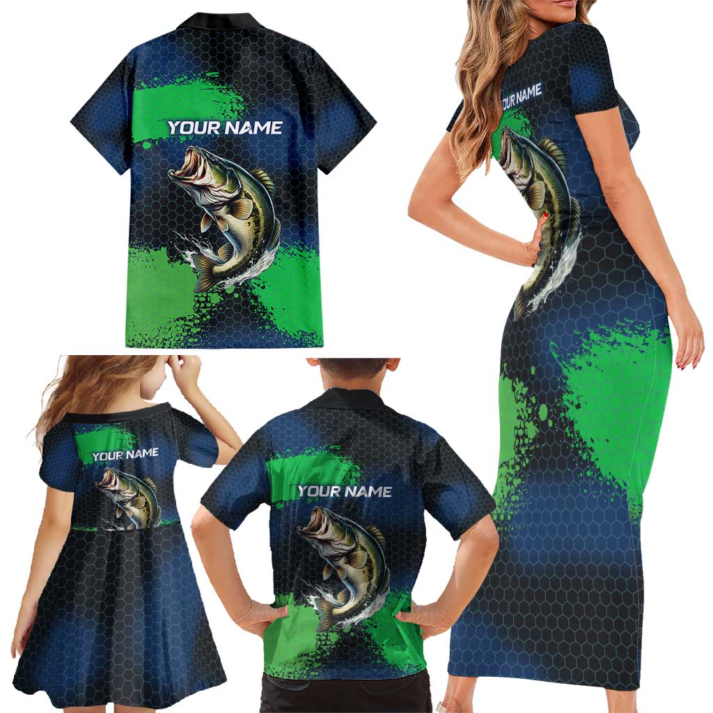 Personalized Bass Fishing Family Matching Short Sleeve Bodycon Dress and Hawaiian Shirt with Jumping Fish – Green and Black Angler Design - Wonder Print Shop