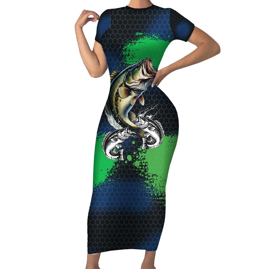 Personalized Bass Fishing Family Matching Short Sleeve Bodycon Dress and Hawaiian Shirt with Jumping Fish – Green and Black Angler Design - Wonder Print Shop