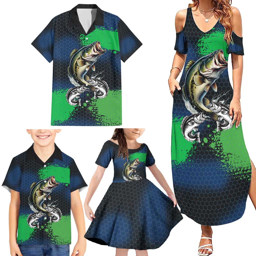 Personalized Bass Fishing Family Matching Summer Maxi Dress and Hawaiian Shirt with Jumping Fish – Green and Black Angler Design - Wonder Print Shop