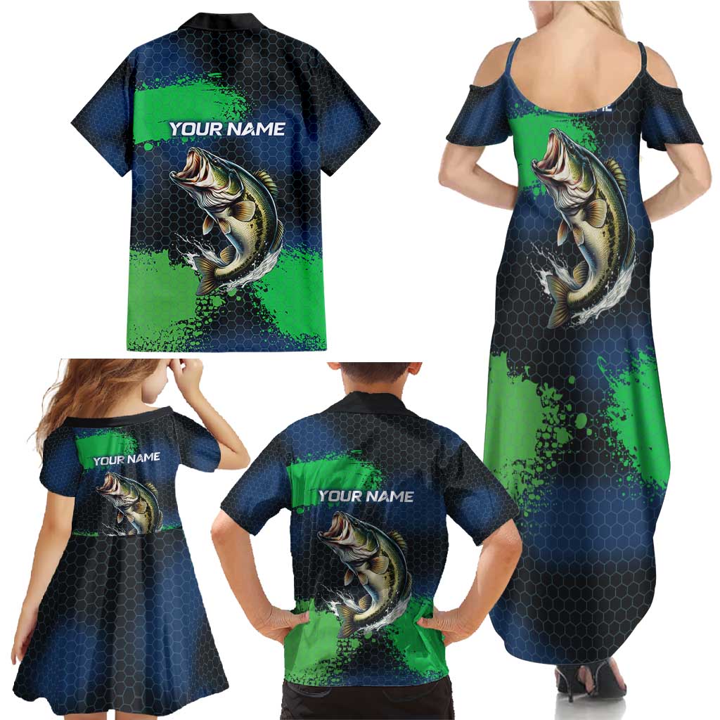 Personalized Bass Fishing Family Matching Summer Maxi Dress and Hawaiian Shirt with Jumping Fish – Green and Black Angler Design - Wonder Print Shop